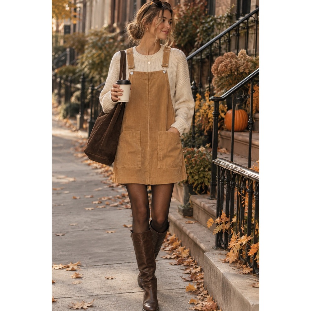 Bershka BSK Womens Tan Brown Corduroy Pinafore Overall Mini Dress Size XS